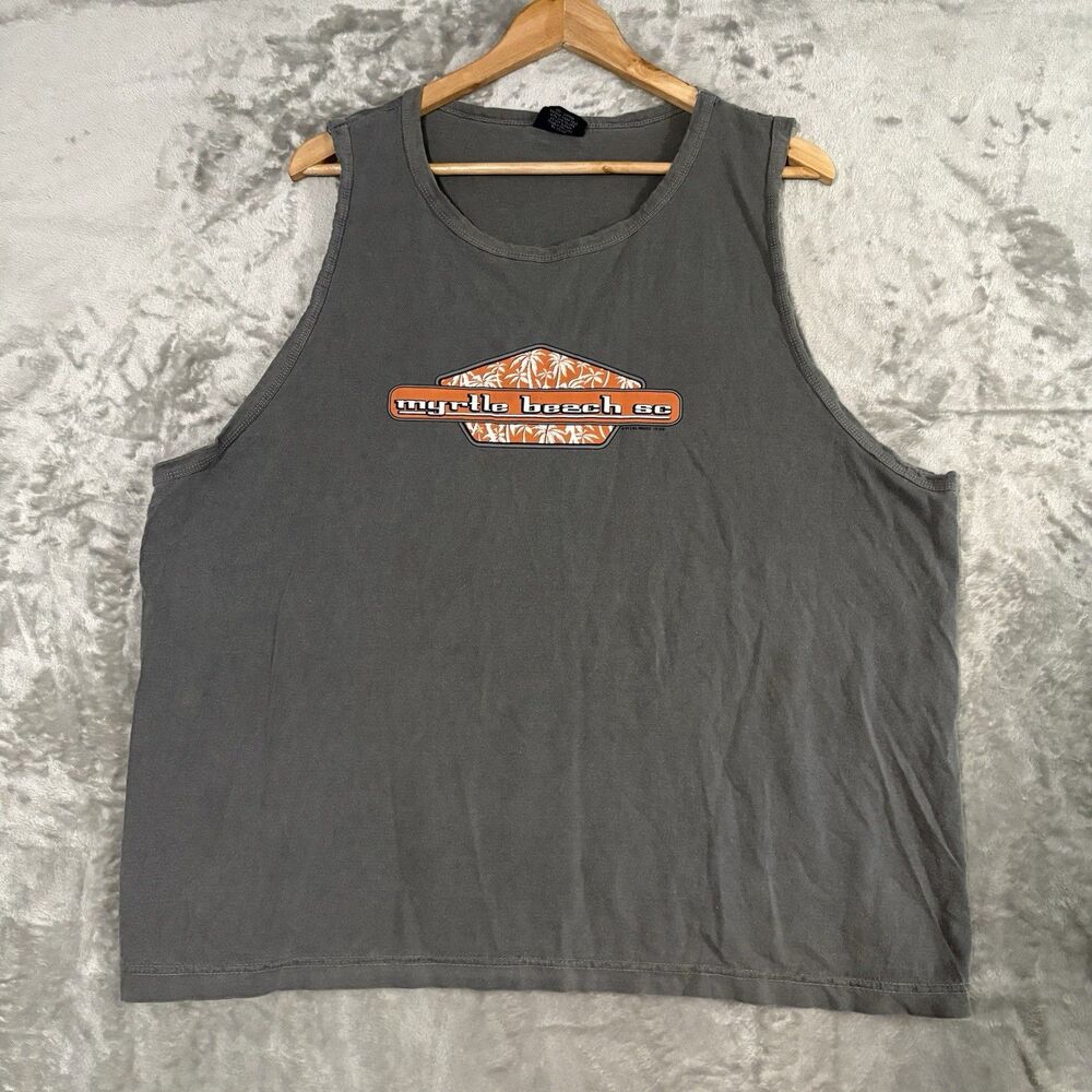 Vintage Wiseguy Myrtle Beach SC Graphic Tank Top Size L Gray Orange Palm Trees